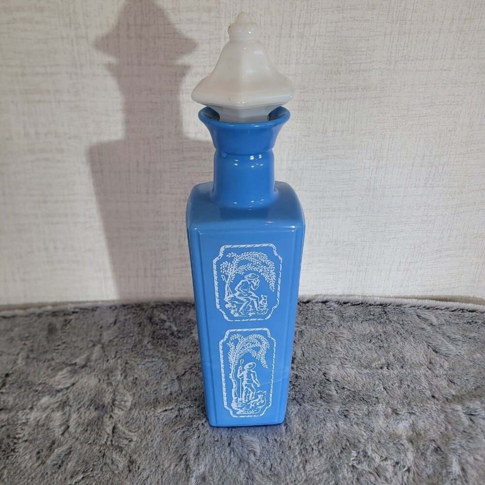 Vintage 1965 Jim Beam Beams Choice Blue Milk Glass Whiskey Decanter Relief EMPTY